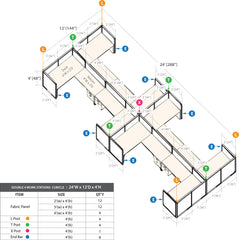 GOF Double 8 Person Workstation Cubicle (C-12'D  x 24'W x 4'H) / Office Partition, Room Divider - Kainosbuy.com