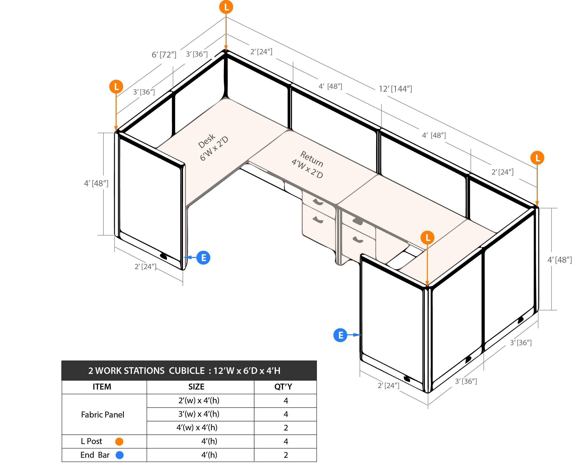 GOF 2 Person Workstation Cubicle (C-6'D x 12'W x 4'H) / Office Partition, Room Divider - Kainosbuy.com