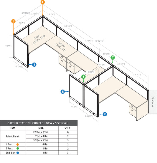 GOF 3 Person Workstation Cubicle (5.5'D  x 18'W x 4'H) / Office Partition, Room Divider - Kainosbuy.com