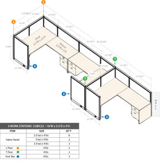 GOF 3 Person Workstation Cubicle (5.5'D  x 18'W x 4'H) / Office Partition, Room Divider - Kainosbuy.com