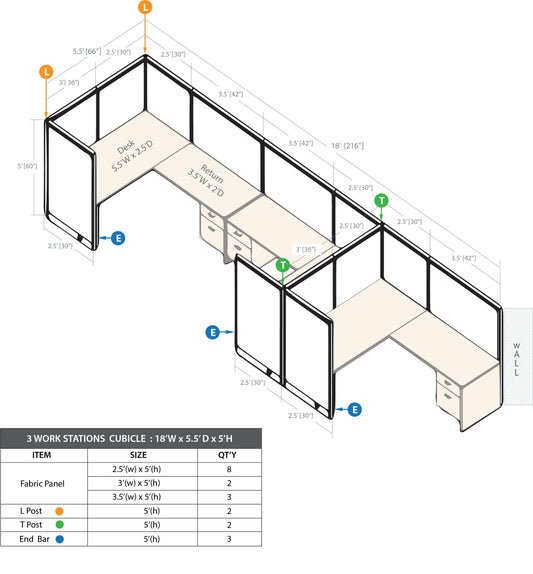 GOF 3 Person Workstation Cubicle (5.5'D  x 18'W x 5'H) / Office Partition, Room Divider - Kainosbuy.com