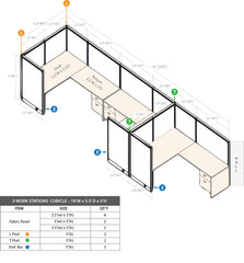 GOF 3 Person Workstation Cubicle (5.5'D  x 18'W x 5'H) / Office Partition, Room Divider - Kainosbuy.com