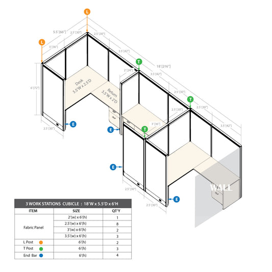 GOF 3 Person Separate Workstation Cubicle (5.5'D x 18'W x 6'H -W) / Office Partition, Room Divider - Kainosbuy.com