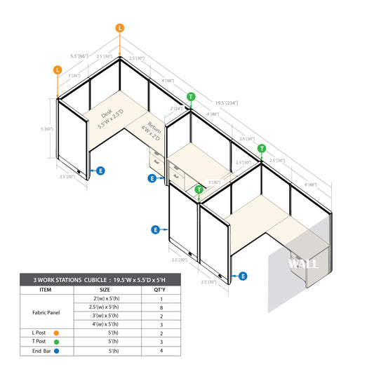 GOF 3 Person Separate Workstation Cubicle (5.5'D x 19.5'W x 5'H -W) / Office Partition, Room Divider - Kainosbuy.com