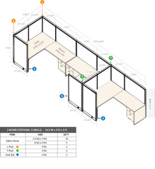 GOF 3 Person Workstation Cubicle (5'D  x 19.5'W x 5'H) / Office Partition, Room Divider - Kainosbuy.com