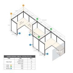GOF 3 Person Separate Workstation Cubicle (5'D x 19.5'W x 5'H -W) / Office Partition, Room Divider - Kainosbuy.com