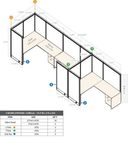 GOF 3 Person Workstation Cubicle (5'D  x 19.5'W x 6'H) / Office Partition, Room Divider - Kainosbuy.com