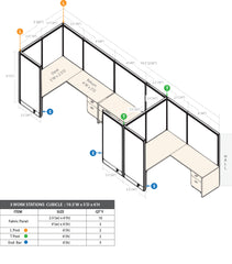 GOF 3 Person Workstation Cubicle (5'D  x 19.5'W x 6'H) / Office Partition, Room Divider - Kainosbuy.com