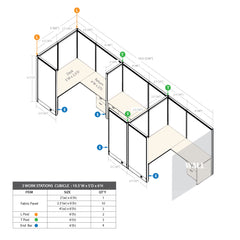 GOF 3 Person Separate Workstation Cubicle (5'D x 19.5'W x 6'H -W) / Office Partition, Room Divider - Kainosbuy.com
