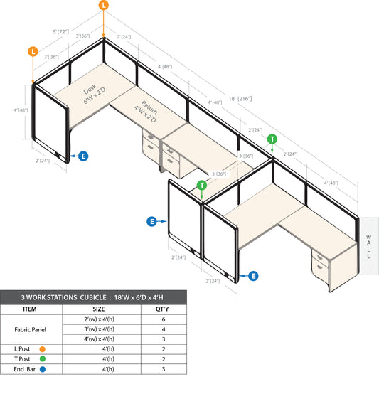 GOF 3 Person Workstation Cubicle (C-6'D  x 18'W x 4'H) / Office Partition, Room Divider - Kainosbuy.com