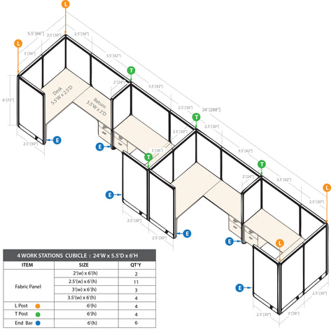 GOF 4 Person Separate Workstation Cubicle (5.5'D x 24'W x 6'H -W) / Office Partition, Room Divider - Kainosbuy.com
