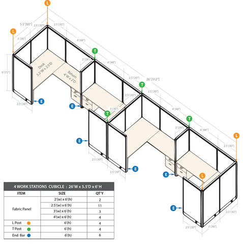 GOF 4 Person Separate Workstation Cubicle (5.5'D x 26'W x 6'H -W) / Office Partition, Room Divider - Kainosbuy.com