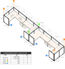 GOF 4 Person Workstation Cubicle (5'D  x 24'W x 4'H) / Office Partition, Room Divider - Kainosbuy.com