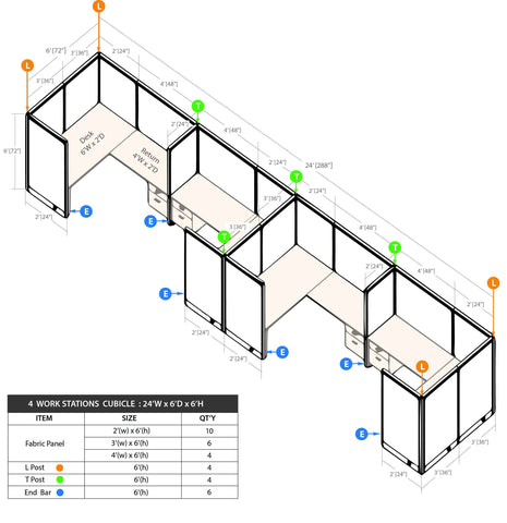 GOF 4 Person Separate Workstation Cubicle (C-6'D x 24'W x 6'H -W) / Office Partition, Room Divider - Kainosbuy.com