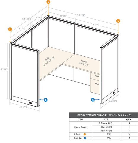 GOF 1 Person Workstation Cubicle (5.5'D x 6.5'W x 5'H) / Office Partition, Room Divider - Kainosbuy.com