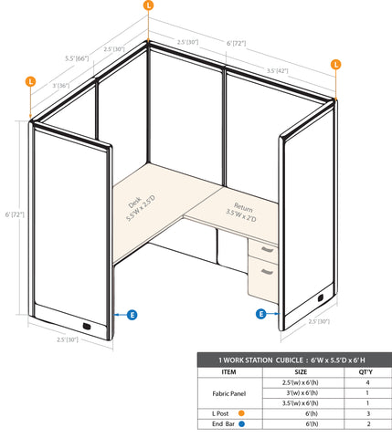 GOF 1 Person Workstation Cubicle (5.5'D x 6'W x 6'H) / Office Partition, Room Divider - Kainosbuy.com