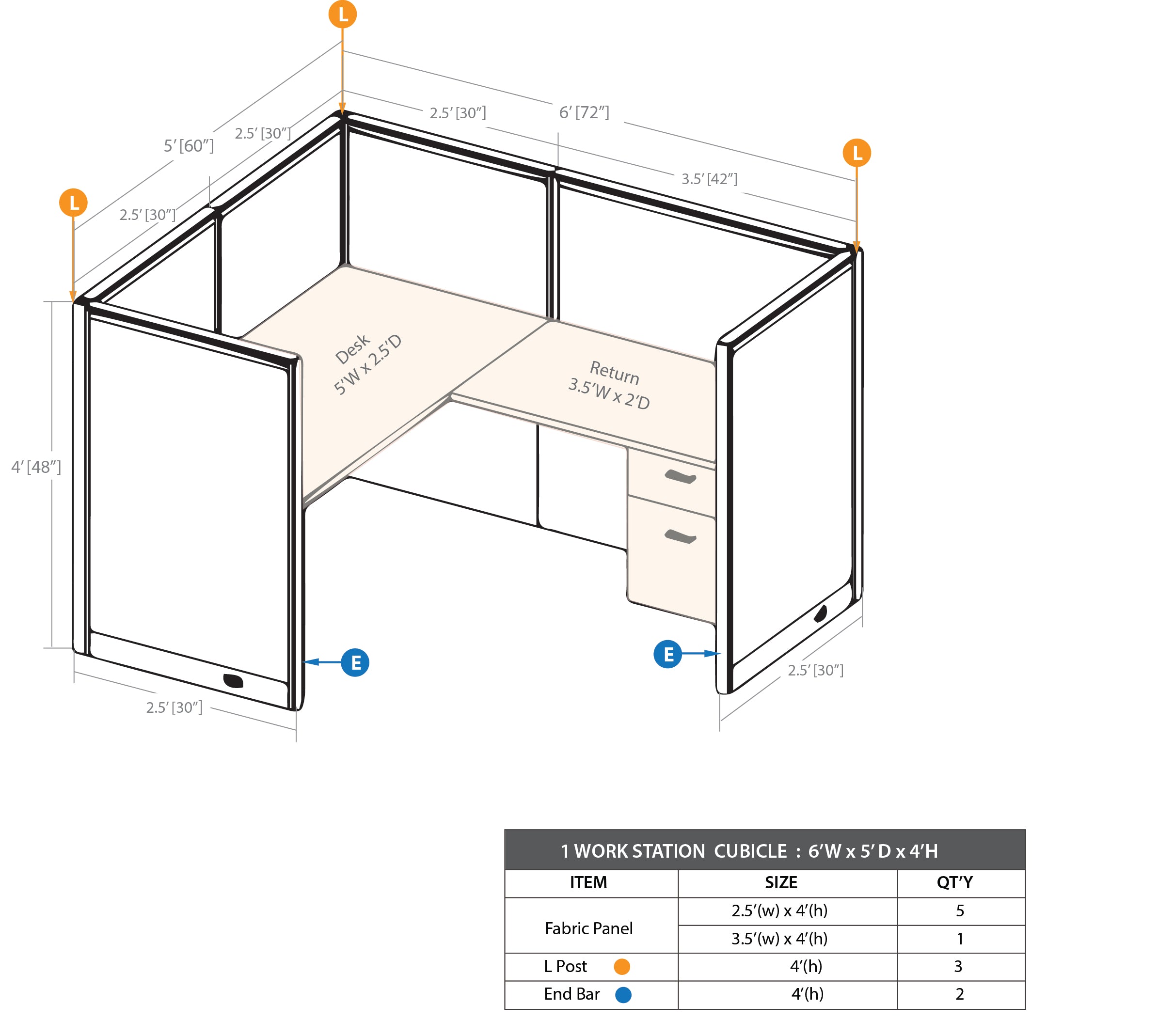 GOF 1 Person Workstation Cubicle (5'D x 6'W x 4'H) / Office Partition, Room Divider - Kainosbuy.com
