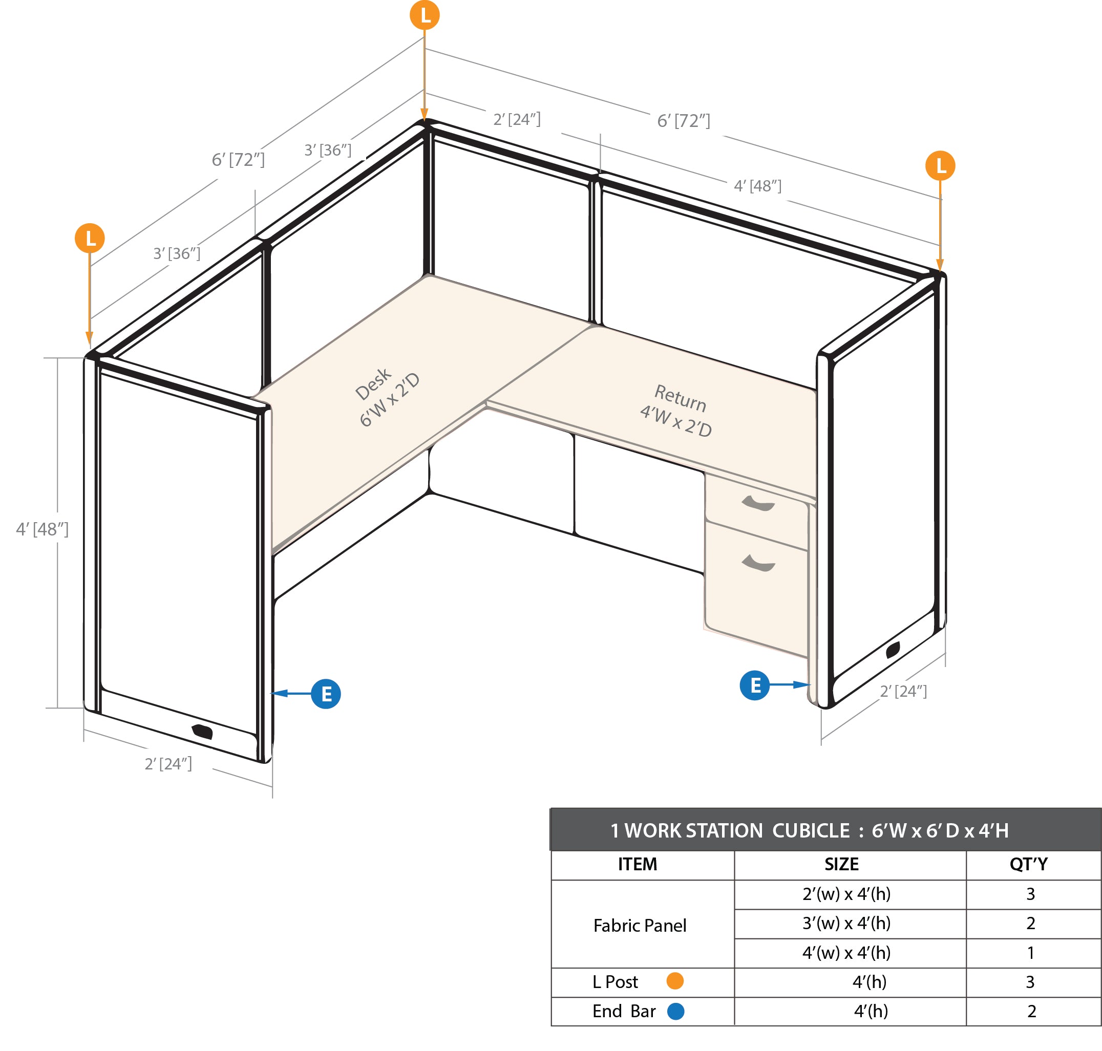 GOF 1 Person Workstation Cubicle (6'D x 6'W x 4'H) / Office Partition, Room Divider - Kainosbuy.com