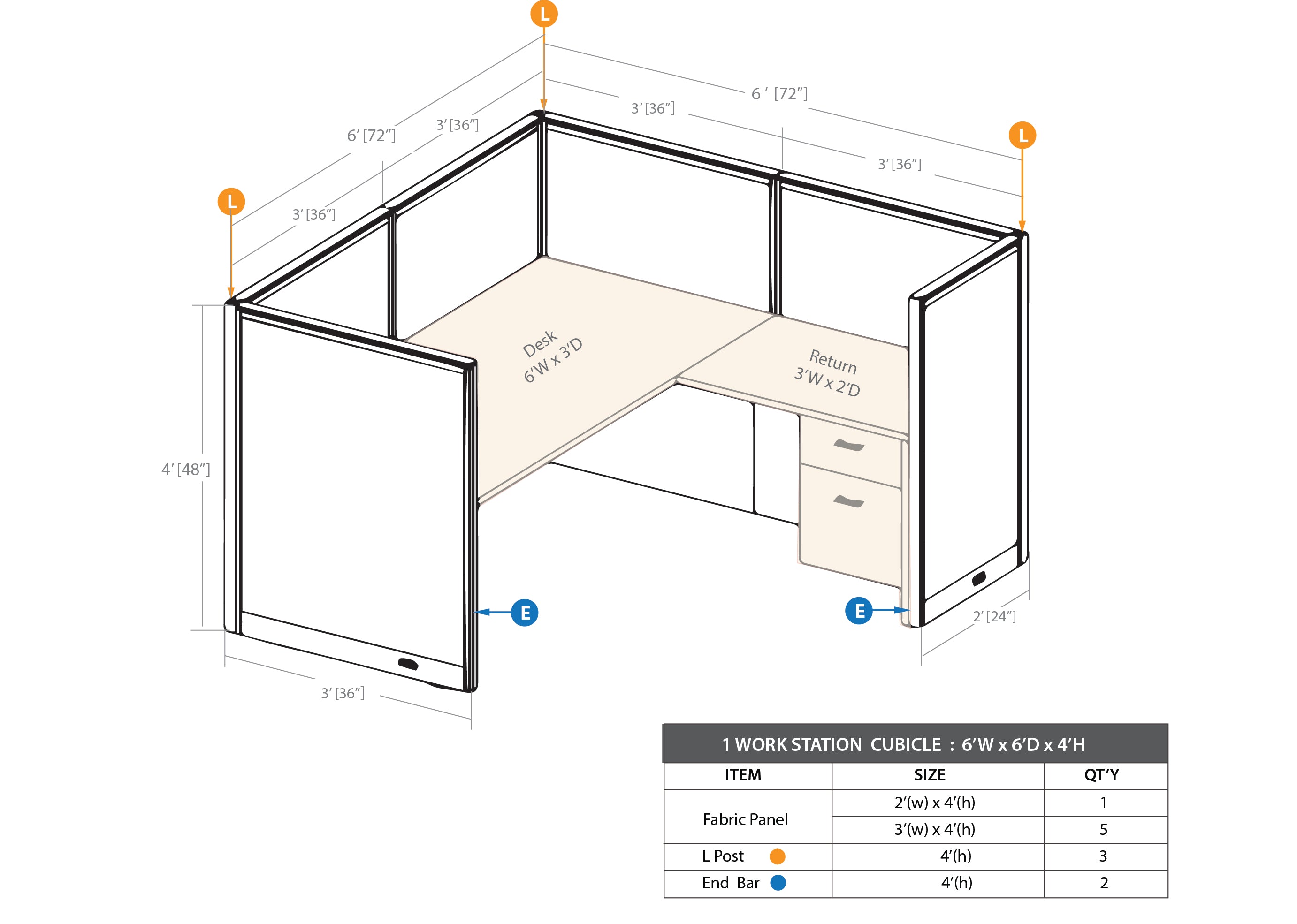 GOF 1 Person Workstation Cubicle (C-6'D x 6'W x 4'H) / Office Partition, Room Divider - Kainosbuy.com