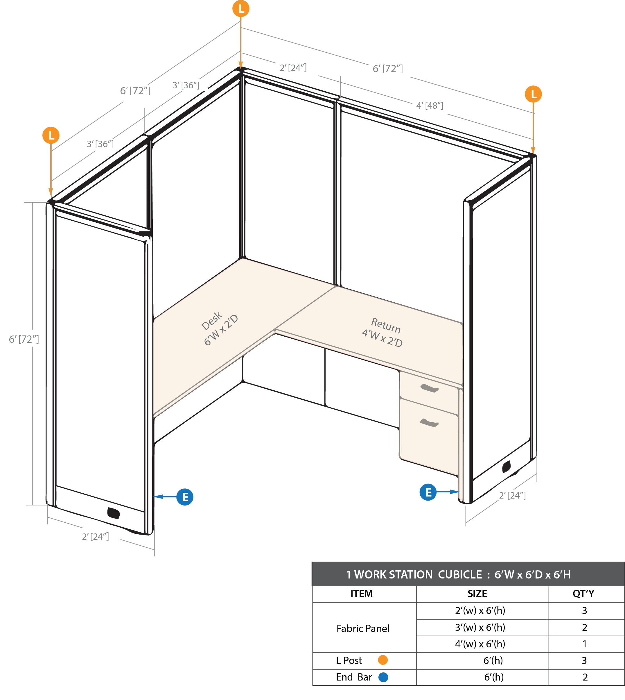 GOF 1 Person Workstation Cubicle (6'D x 6'W x 6'H) / Office Partition, Room Divider - Kainosbuy.com