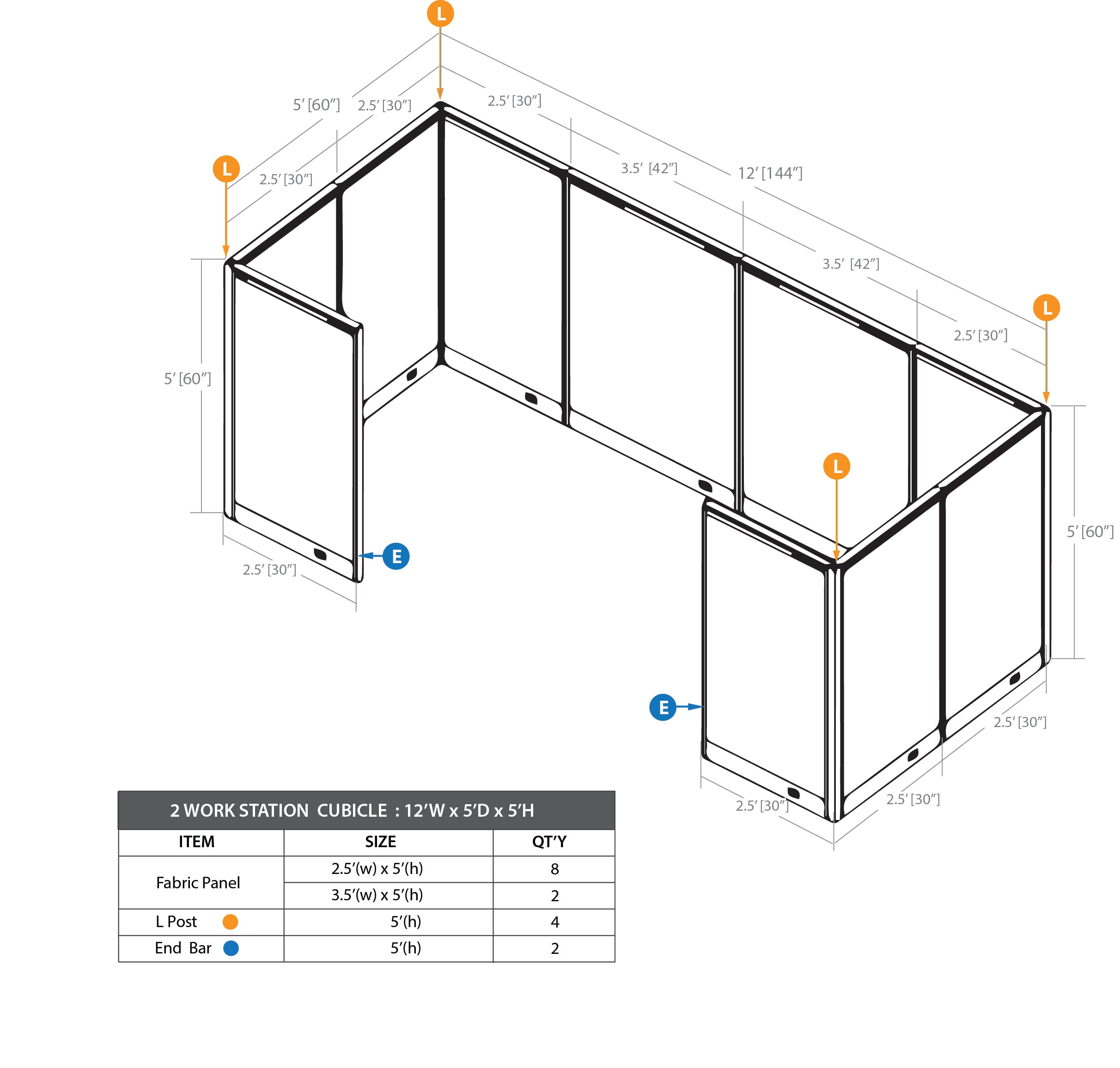 GOF 2 Person Workstation Cubicle (5'D  x 12'W x 5'H) / Office Partition, Room Divider - Kainosbuy.com