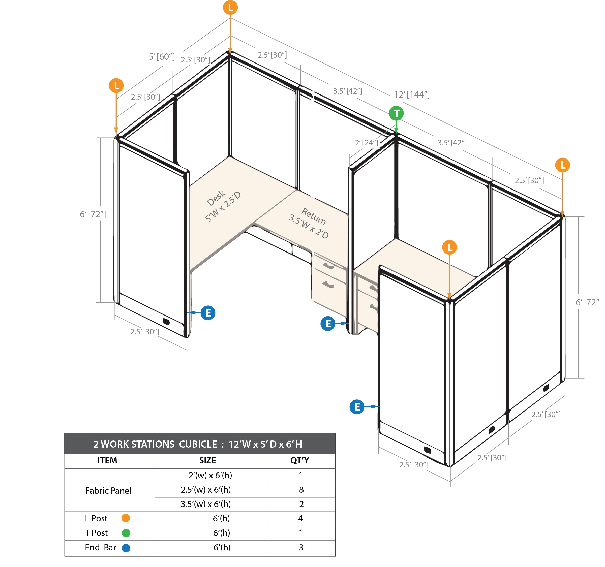 GOF 2 Person Separate Workstation Cubicle (5'D x 12'W x 6'H-W) / Office Partition, Room Divider - Kainosbuy.com