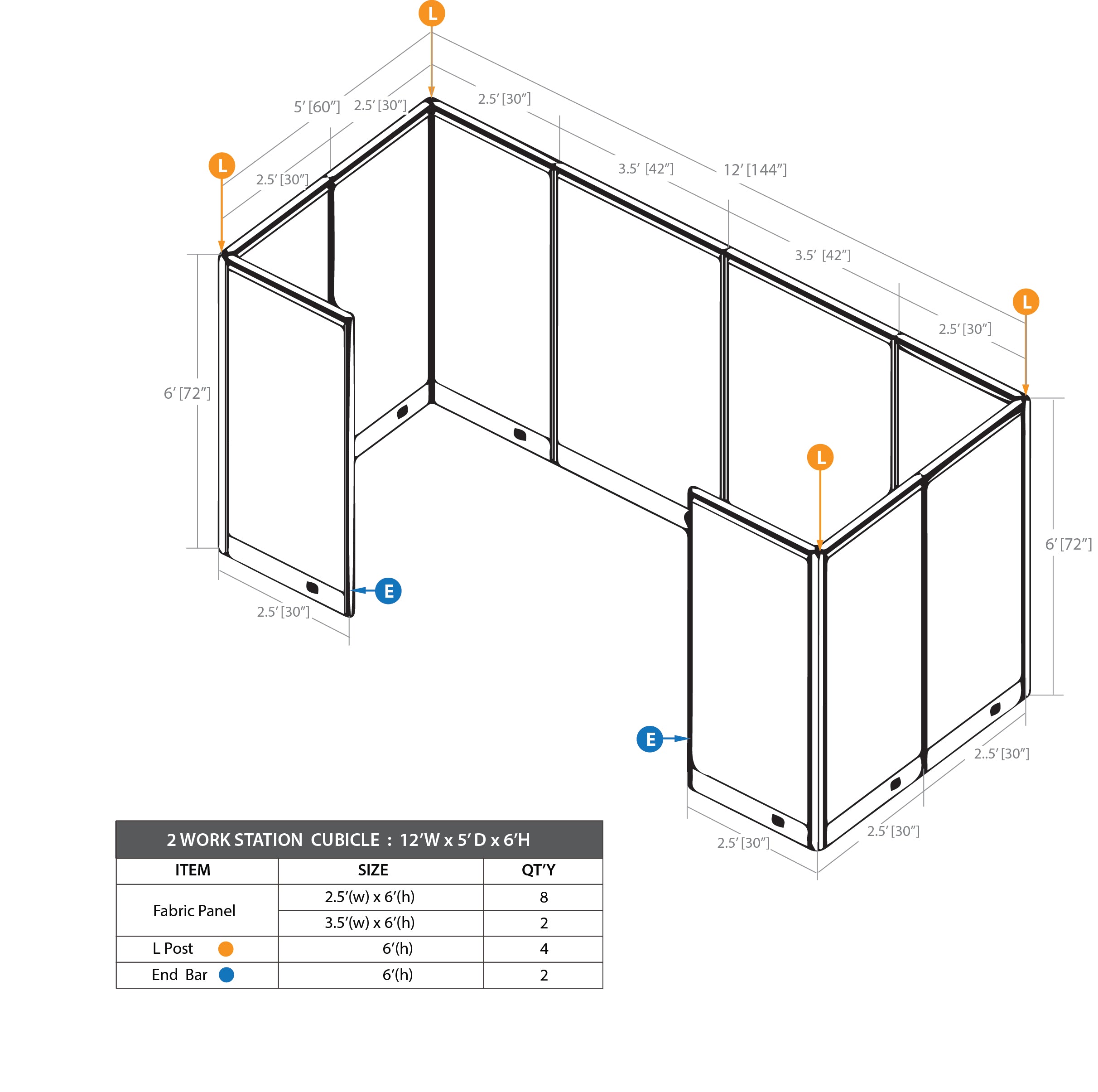 GOF 2 Person Workstation Cubicle (5'D  x 12'W x 6'H) / Office Partition, Room Divider - Kainosbuy.com