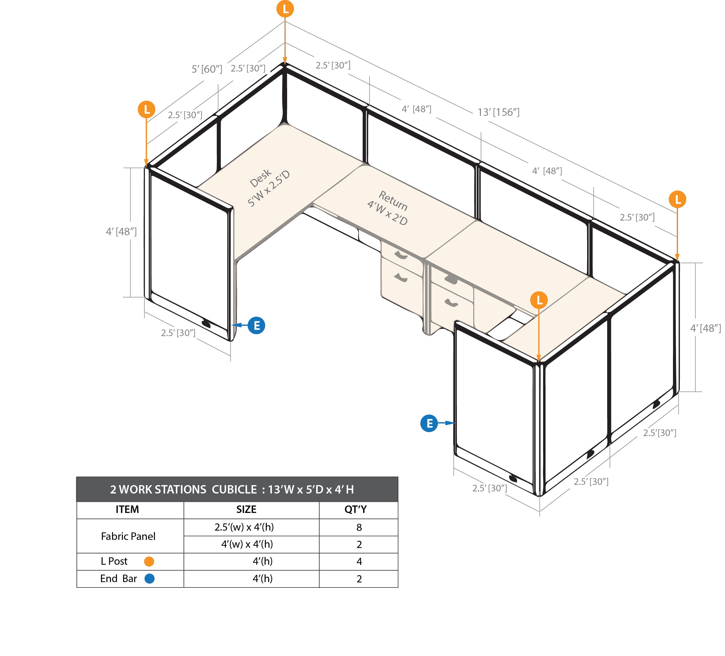 GOF 2 Person Workstation Cubicle (5'D  x 13'W x 4'H) / Office Partition, Room Divider - Kainosbuy.com