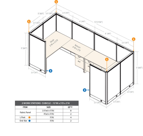 GOF 2 Person Workstation Cubicle (5'D  x 13'W x 5'H) / Office Partition, Room Divider - Kainosbuy.com