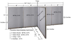 GOF 84"D x 192"W x 48”/60”/72”H, T-Shaped Freestanding Fabric Partition