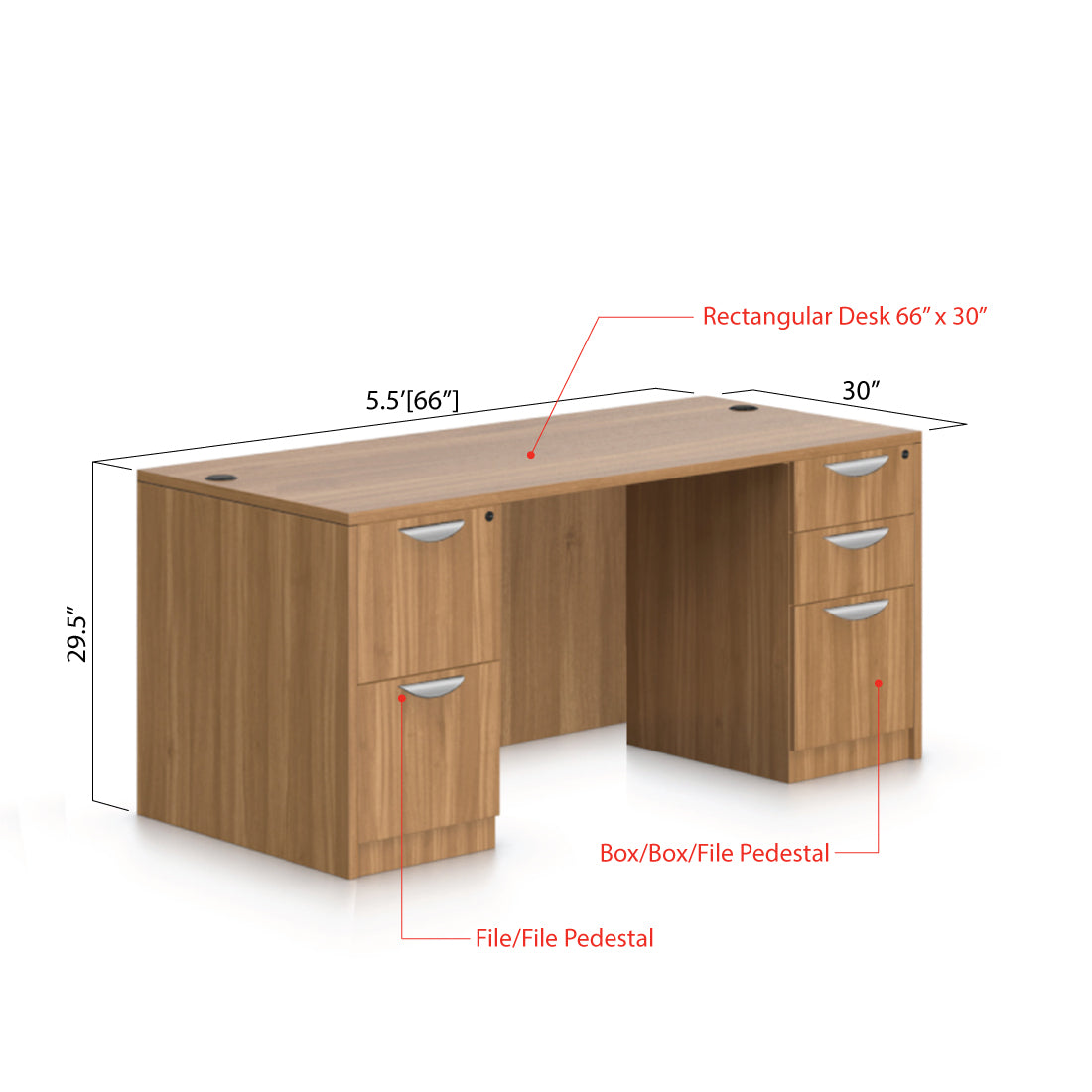 66"x30" Rectangular Desk with B/B/F pedestal and F/F Pedestal - Kainosbuy.com