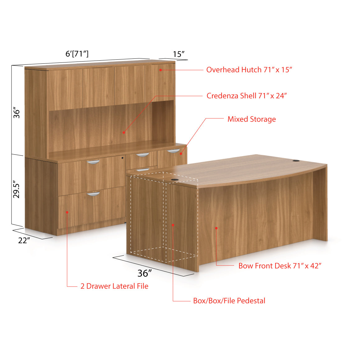 71"x42" Bow Front Desk, Lateral File & Mixed Storage, Hutch Added - Kainosbuy.com