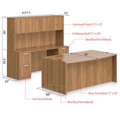 71"x42" Bow Front Desk B/B/F & Credenza Shell with B/B/F & F/F Pedestal, Hutch Added - Kainosbuy.com