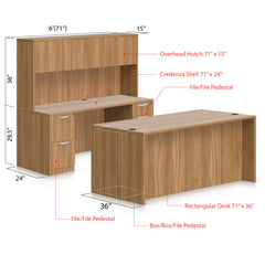 71"x36" Rectangular Desk B/B/F & Credenza Shell with B/B/F & F/F Pedestal, Hutch Added - Kainosbuy.com