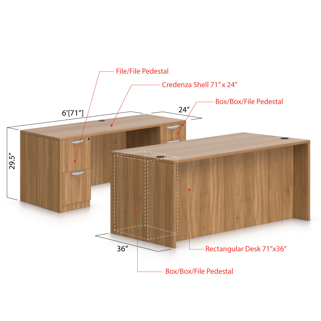 71"x36" Rectangular Desk w/B/B/F Pedestal, Credenza w/B/B/F & F/F Pedestals - Kainosbuy.com