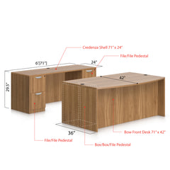 71"x42" Bow Front Desk w/B/B/F Pedestal, Credenza w/B/B/F & F/F Pedestals - Kainosbuy.com