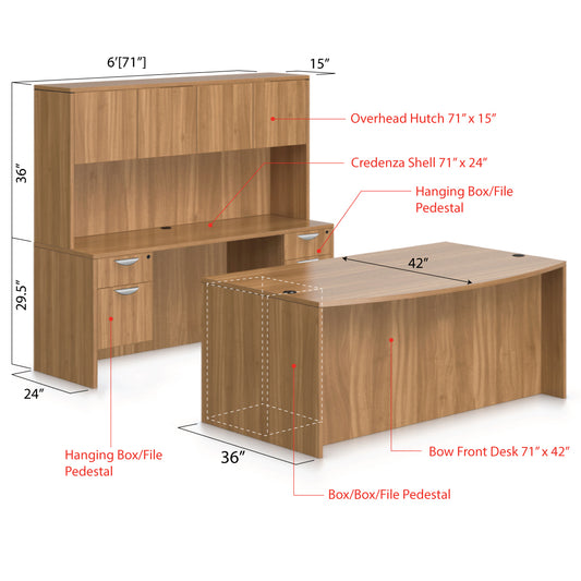 71"x42" Bow Front Desk B/B/F & Credenza Shell with Two Hanging B/F Pedestal, Hutch Added - Kainosbuy.com