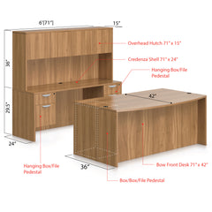 71"x42" Bow Front Desk B/B/F & Credenza Shell with Two Hanging B/F Pedestal, Hutch Added - Kainosbuy.com