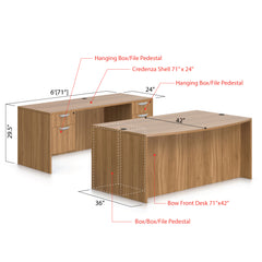 71"x42" Bow Front Desk w/B/B/F Pedestal, Credenza w/Two Hanging B/F Pedestals - Kainosbuy.com