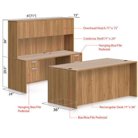 71"x36" Rectangular Desk B/B/F & Credenza Shell with Two Hanging B/F Pedestal, Hutch Added - Kainosbuy.com