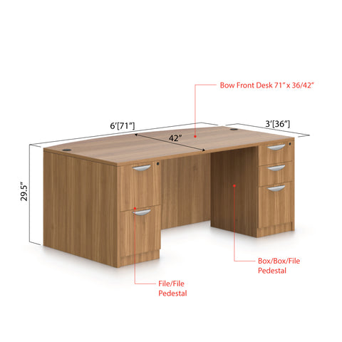 71"x42" Bow Front Desk with B/B/F and F/F pedestal - Kainosbuy.com