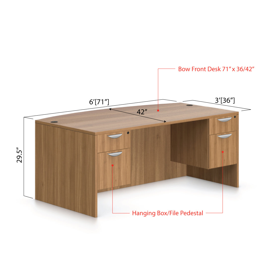71"x42" Bow Front Desk with Two Hanging B/F pedestal - Kainosbuy.com