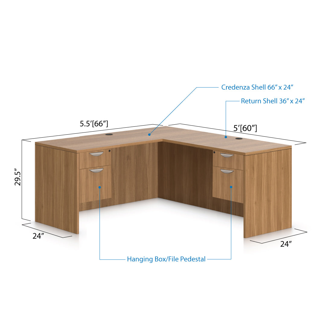 L66B - 5.5' x 5' L-Shape Workstation(Credenza Shell with Two Hanging B/F Pedestal) - Kainosbuy.com