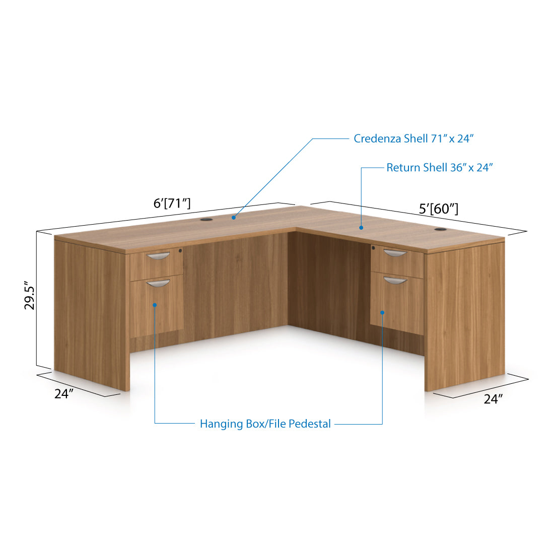 L71B - 6' x 5' L-Shape Workstation(Credenza Shell with Two Hanging B/F Pedestal) - Kainosbuy.com