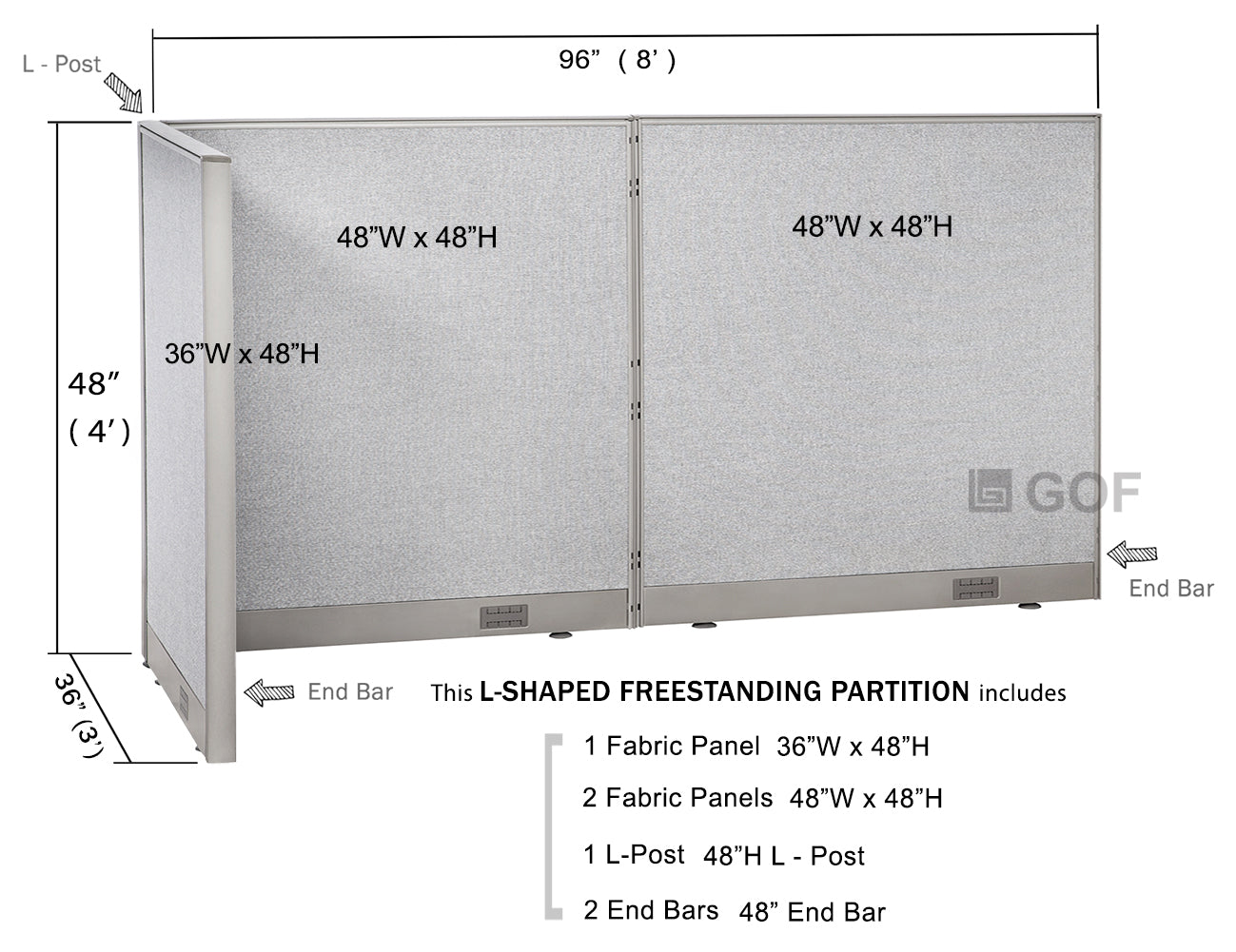 [SPECIAL] GOF L-Shaped Office Partition 36D x 96W x 48H - Kainosbuy.com