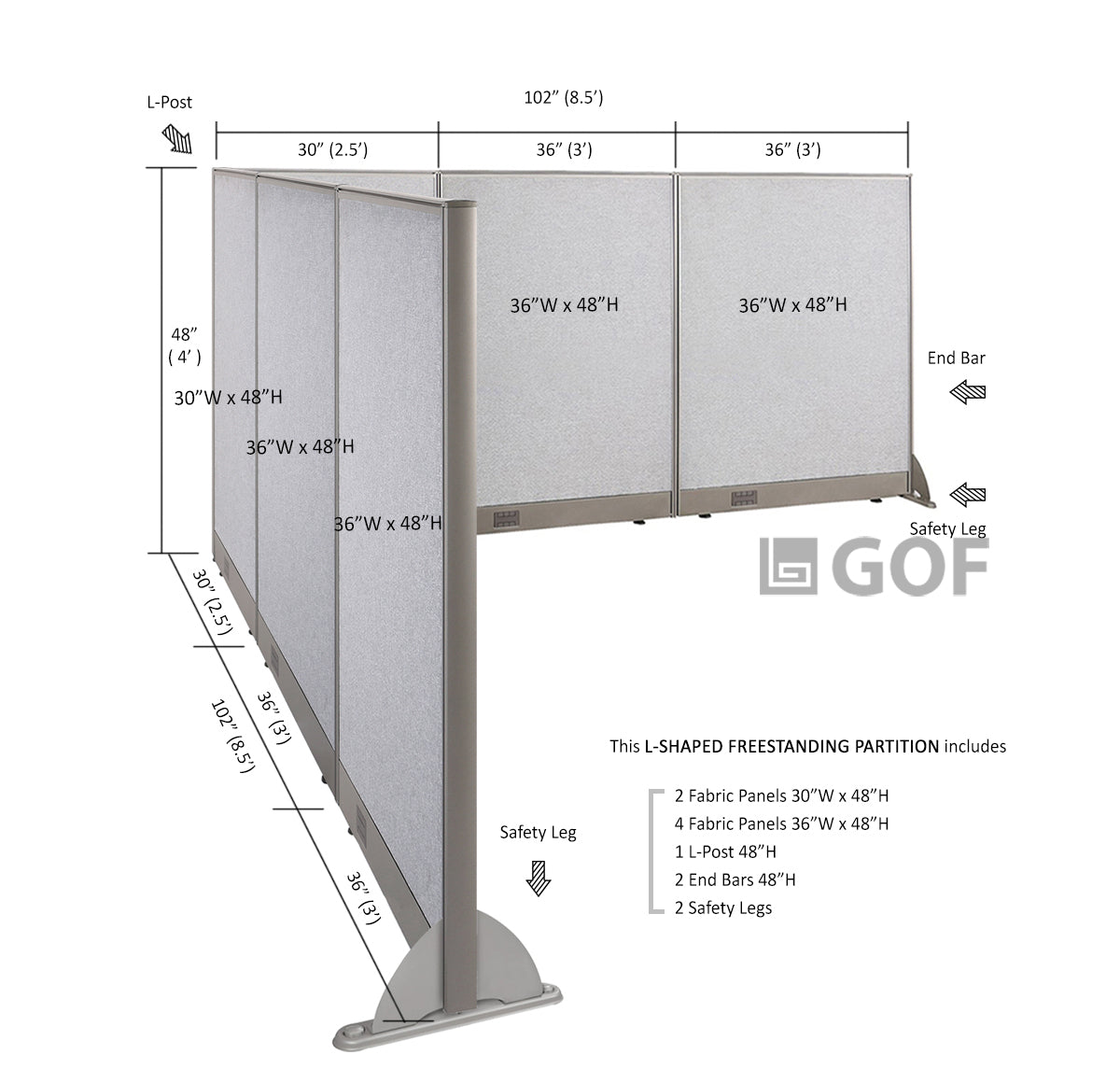 GOF Office L-Shaped Partition 102d x 102w x 48H - Kainosbuy.com