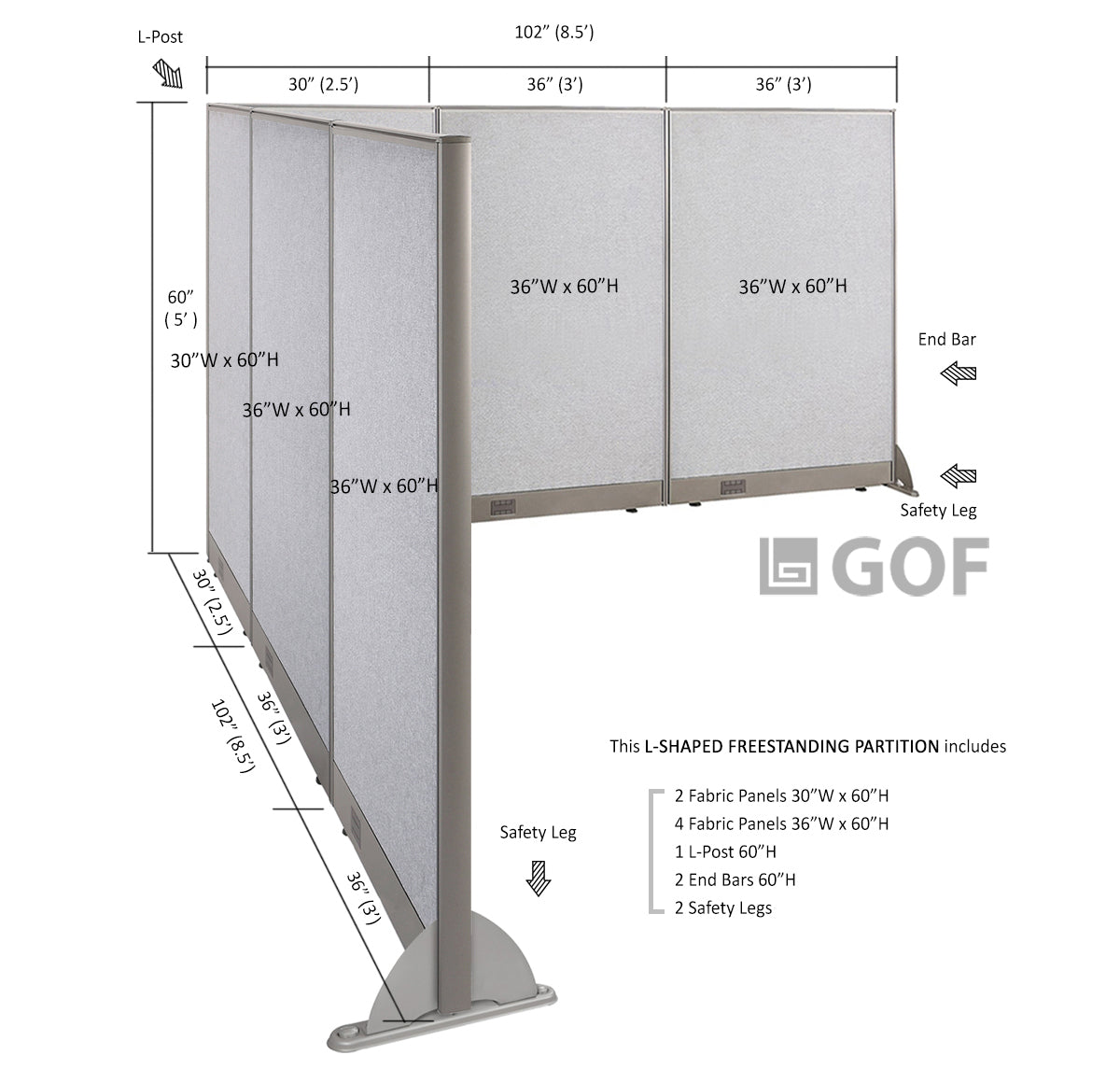 GOF Office L-Shaped Partition 102d x 102w x 60H - Kainosbuy.com