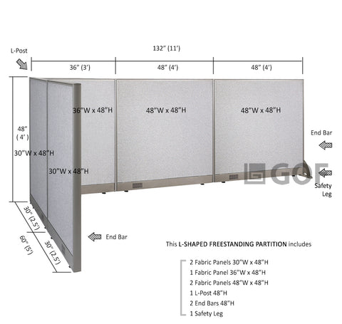 GOF 60"D x 132"W x 48”/60”/72”H, L-Shaped Freestanding Fabric Partition Package