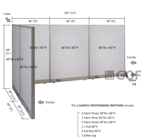 GOF 60"D x 132"W x 48”/60”/72”H, L-Shaped Freestanding Fabric Partition Package