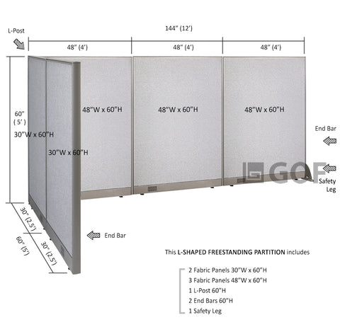 GOF 60"D x 144"W x 48”/60”/72”H, L-Shaped Freestanding Fabric Partition Package